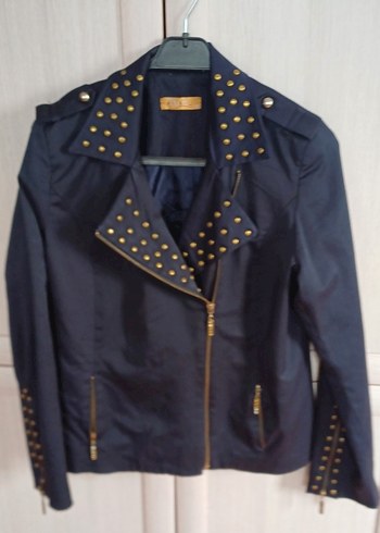 Düğme Süslü Lajivert Deri Görünümlü Kadın Ceket - Görsel 3