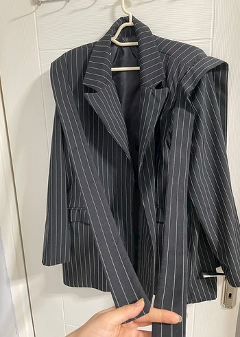 Çizgili Gri Kadın Uzun Blazer Ceket