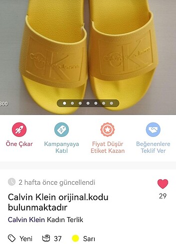 37 Beden sarı Renk Calvin klein marka orijinal kadın terlik 