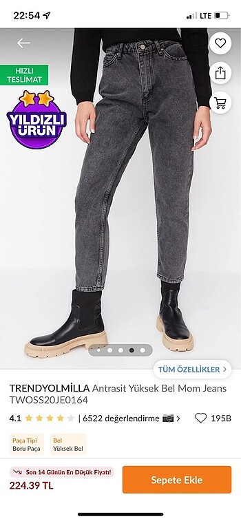 42 Beden Antrasit yüksek bel mom jeans