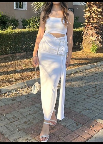 Eyyo Beyaz Straplez Uzun Drapeli Kadın Elbise - Görsel 5