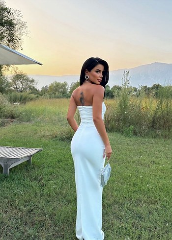 Eyyo Beyaz Straplez Uzun Drapeli Kadın Elbise - Görsel 2