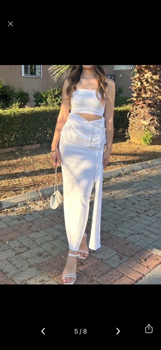 Eyyo Beyaz Straplez Uzun Drapeli Kadın Elbise - Görsel 5