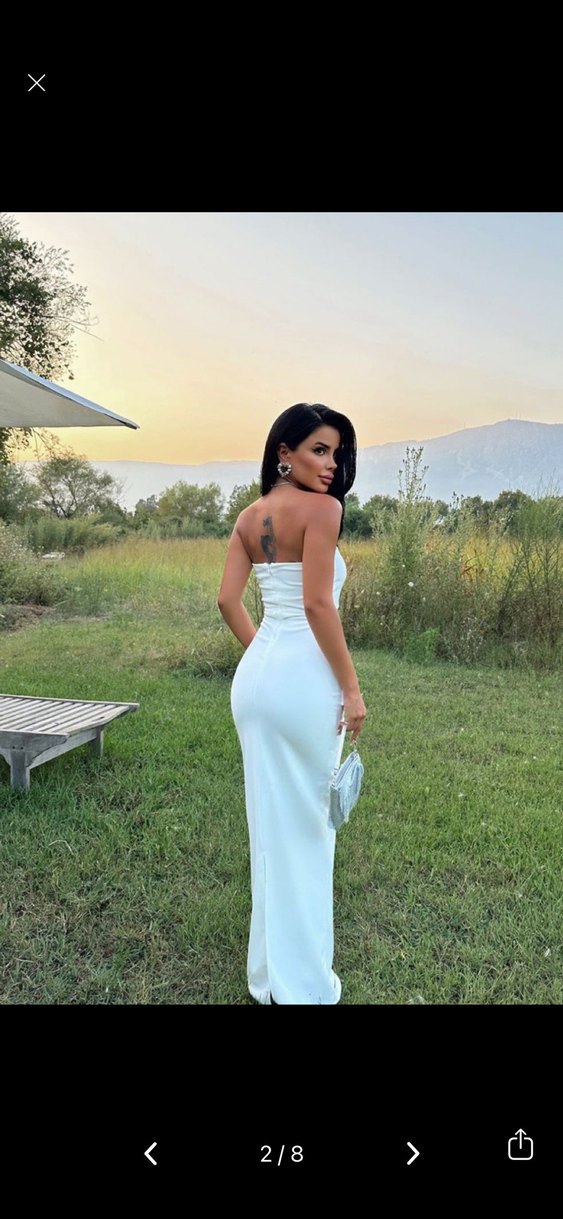 Eyyo Beyaz Straplez Uzun Drapeli Kadın Elbise - Görsel 2