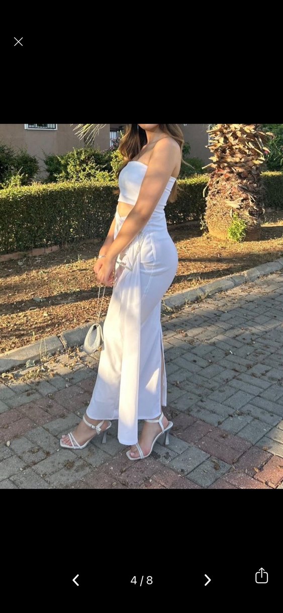 Eyyo Beyaz Straplez Uzun Drapeli Kadın Elbise - Görsel 4