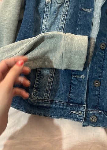 Gri Kapüşonlu Kadın Jean Ceket - Görsel 4