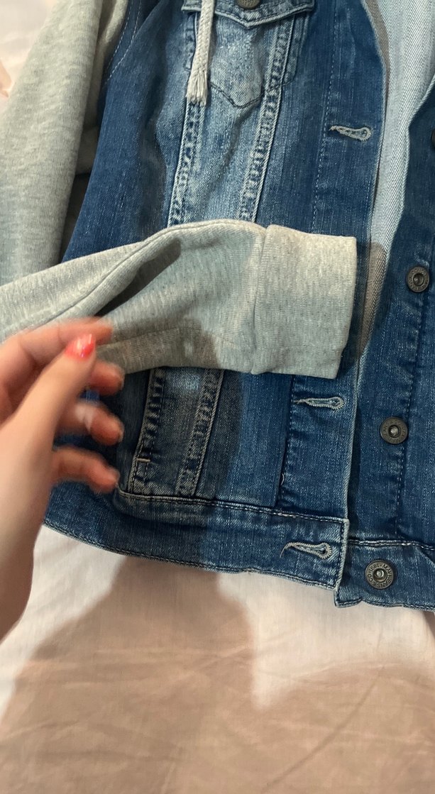 Gri Kapüşonlu Kadın Jean Ceket - Görsel 4