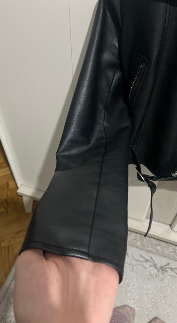 Kadın Siyah Deri Biker Ceket - Görsel 4