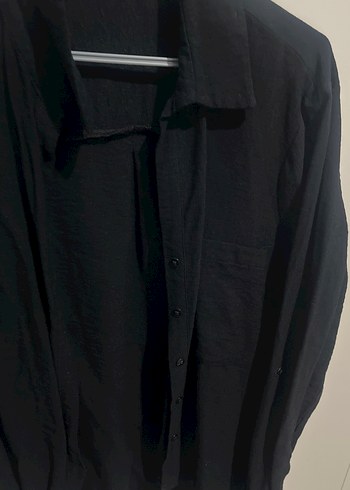Siyah Kadın Keten Gömlek, Uzun Kollu, Düğmeli - Görsel 5