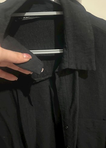 Siyah Kadın Keten Gömlek, Uzun Kollu, Düğmeli - Görsel 2