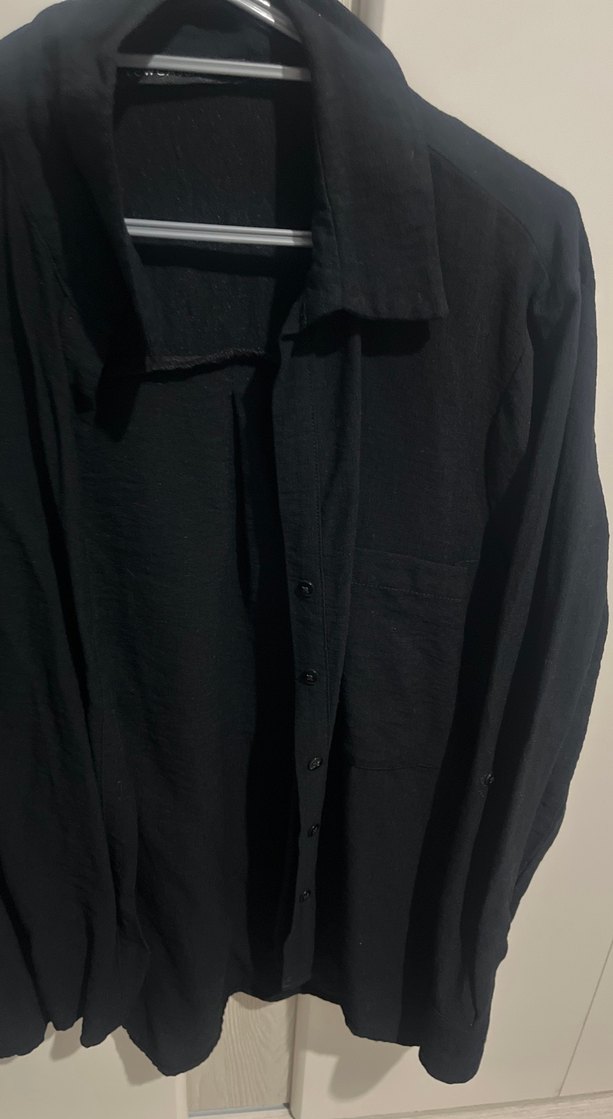 Siyah Kadın Keten Gömlek, Uzun Kollu, Düğmeli - Görsel 5