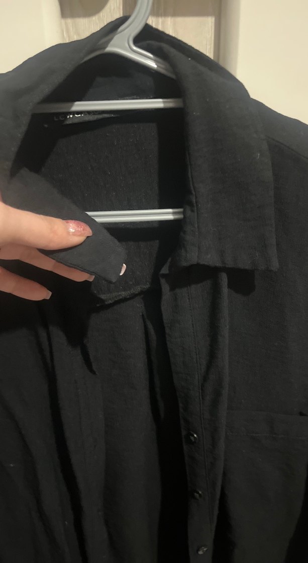 Siyah Kadın Keten Gömlek, Uzun Kollu, Düğmeli - Görsel 2