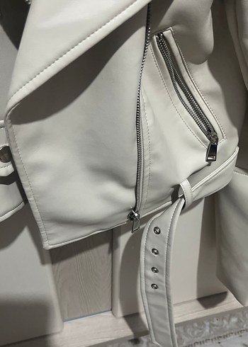 Krem Deri Kemerli Kadın Ceket - Görsel 5