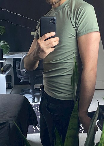 m Beden haki Renk Erkek Haki Slim Fit Compression Kısa Kollu Tişört