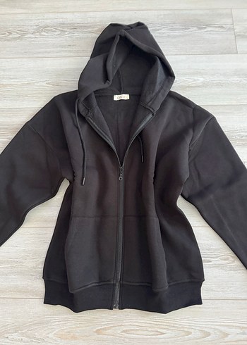 Siyah Fermuarlı Kapüşonlu Sweatshirt