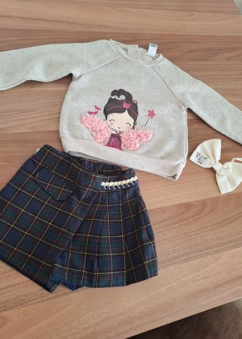 GB BABY EKOSE DESENLİ ŞORT ETEK VE SWEAT KOMBİN