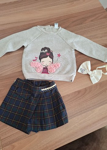 1 Yaş Beden gri Renk GB BABY EKOSE DESENLİ ŞORT ETEK VE SWEAT KOMBİN