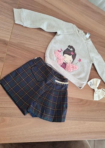 1 Yaş Beden GB BABY EKOSE DESENLİ ŞORT ETEK VE SWEAT KOMBİN