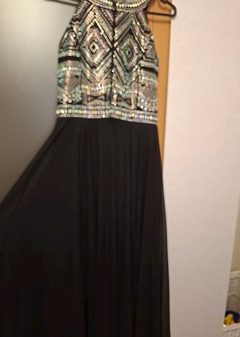 TAŞ İŞLEME SIFIR KOL SİYAH UZUN ABİYE Elbise - Görsel 6