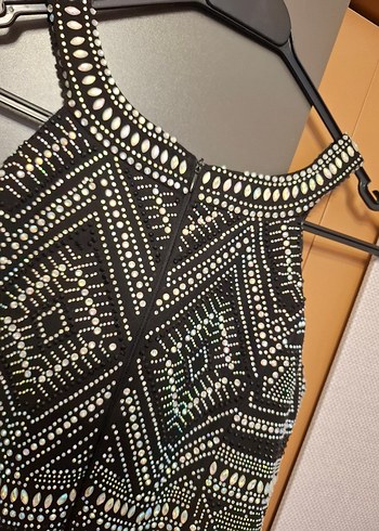 TAŞ İŞLEME SIFIR KOL SİYAH UZUN ABİYE Elbise - Görsel 5