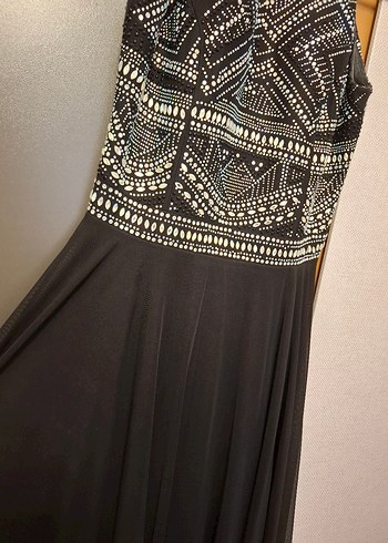 TAŞ İŞLEME SIFIR KOL SİYAH UZUN ABİYE Elbise - Görsel 4