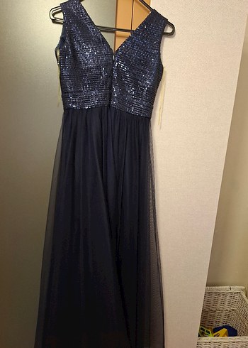 lacivert payetli V yaka sıfır kol Uzun Abiye Elbise - Görsel 2