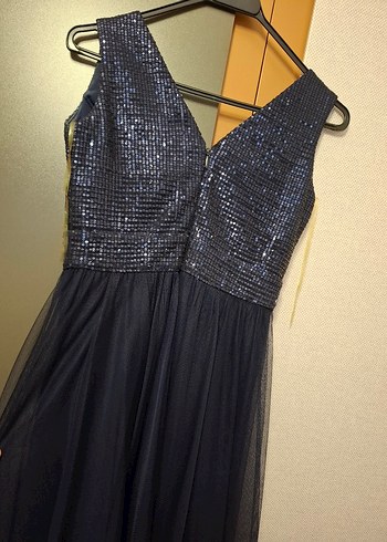 lacivert payetli V yaka sıfır kol Uzun Abiye Elbise - Görsel 3