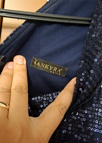 lacivert payetli V yaka sıfır kol Uzun Abiye Elbise - Görsel 4