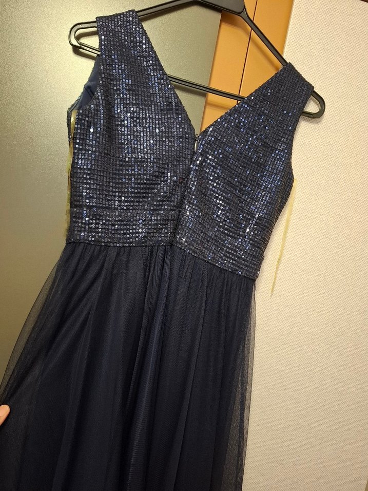 lacivert payetli V yaka sıfır kol Uzun Abiye Elbise - Görsel 3