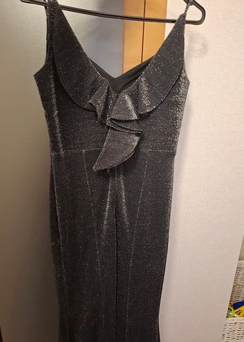 Siyah V Yakalı BALIK MODEL ZARİF simli Uzun Kadın Abiye Elbise - Görsel 6