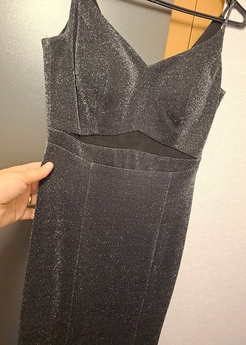 Siyah V Yakalı BALIK MODEL ZARİF simli Uzun Kadın Abiye Elbise - Görsel 4