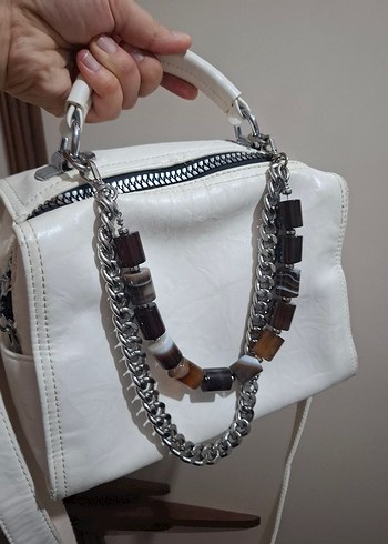 ÇÇS KIRIK BEYAZ Zincir Detaylı Deri Kadın Çanta - Görsel 3