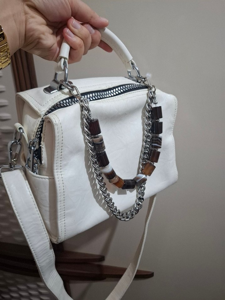 ÇÇS KIRIK BEYAZ Zincir Detaylı Deri Kadın Çanta - Görsel 4