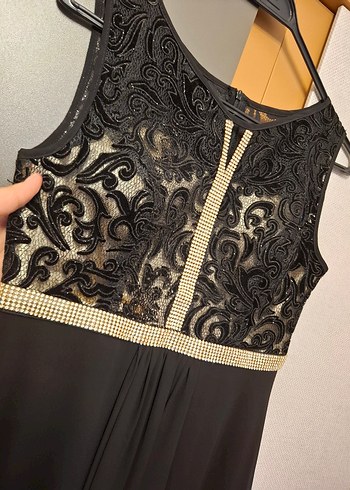 Dantelli Siyah Uzun V Yaka Kadın Abiye Elbise - Görsel 6