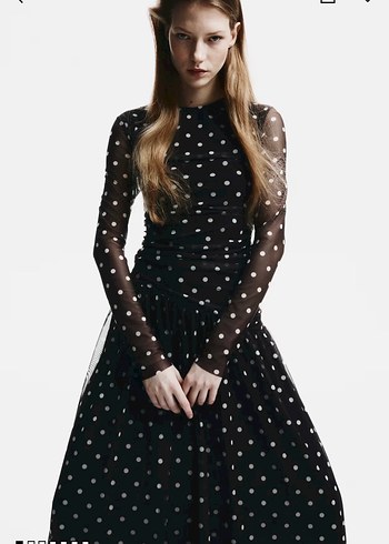 Uzun Kollu Siyah Puantiyeli Uzun Elbise - Görsel 3