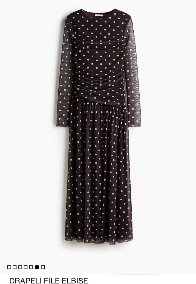 Uzun Kollu Siyah Puantiyeli Uzun Elbise - Görsel 2