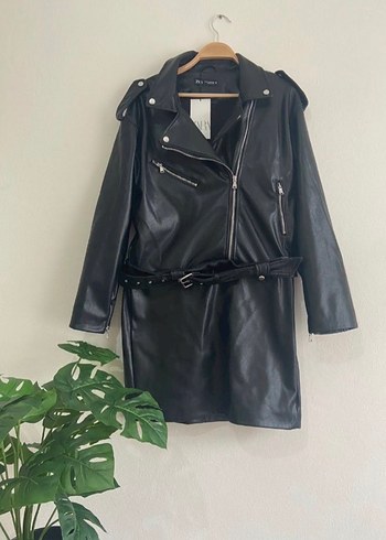 Kemerli Siyah Mini Deri Ceket - Görsel 4