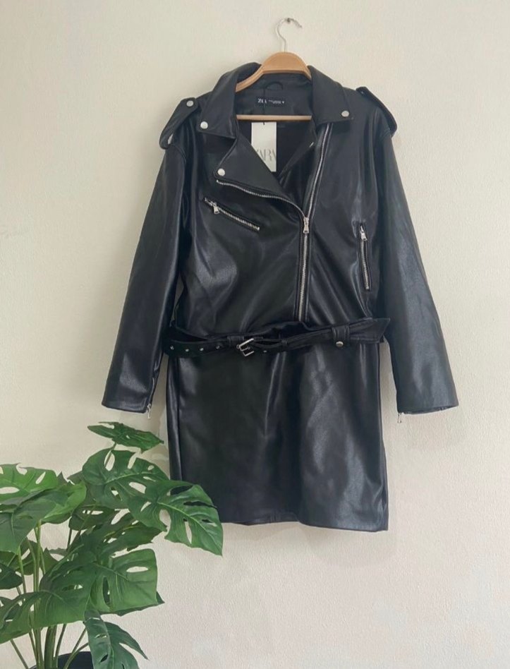 Kemerli Siyah Mini Deri Ceket - Görsel 4