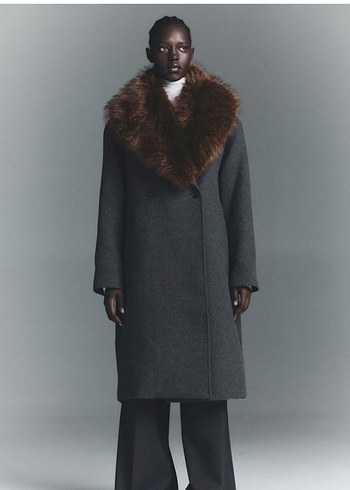 Kahverengi Kürk Detaylı Yün Midi Kaban - Görsel 5