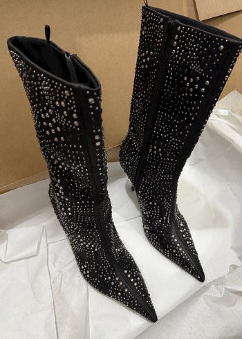 Siyah Taş İşlemeli Stiletto Topuklu Kadın Bot - Görsel 5