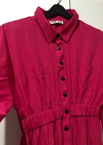 xl Beden Düğmeli Pembe Uzun Poplin Elbise