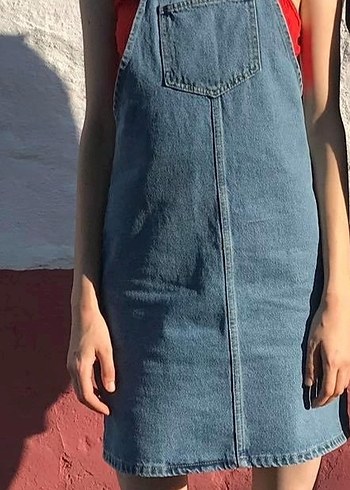 Kadın Mavi Denim Midi Askılı Tulum - Görsel 3