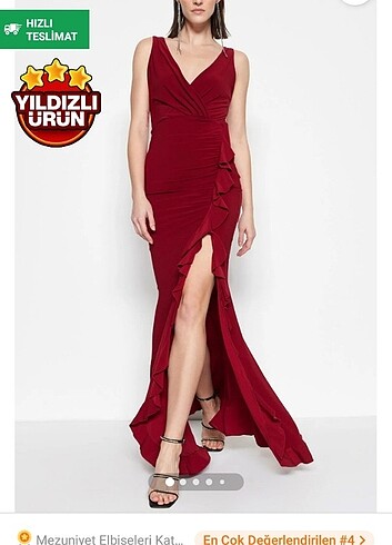 Trendyolmilla bordo uzun Yırtmaçlı Volanlı Elbise 