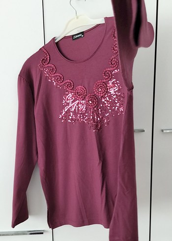 Bordo Uzun Kollu Nakışlı Payetli Bluz - Görsel 3