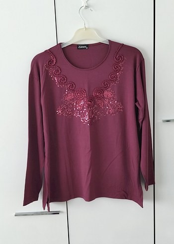 Bordo Uzun Kollu Nakışlı Payetli Bluz - Görsel 10