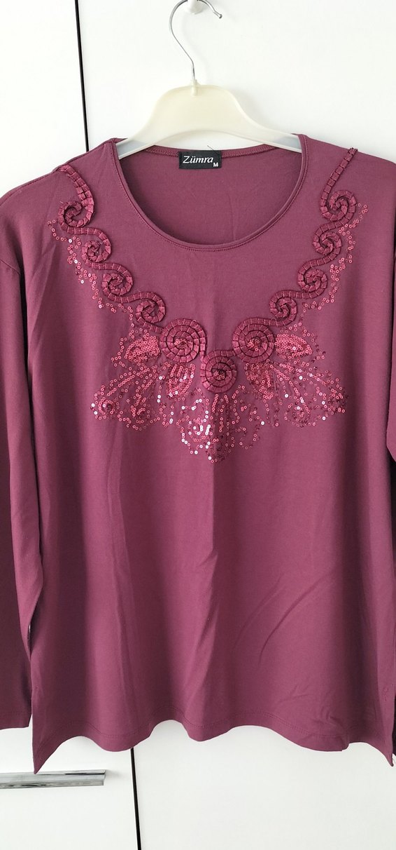 Bordo Uzun Kollu Nakışlı Payetli Bluz - Görsel 5