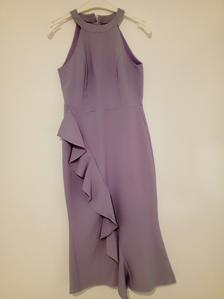 Mor Yüksek Yakalı Uzun Abiye Elbise - Görsel 3