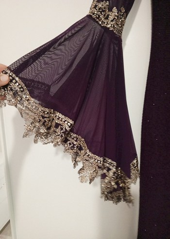 Bordo İşlemeli Uzun Kollu V Yakalı Abiye Elbise - Görsel 4