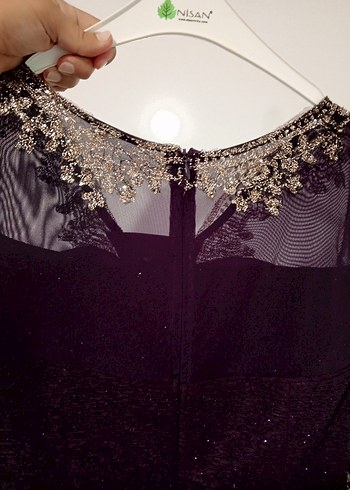 Bordo İşlemeli Uzun Kollu V Yakalı Abiye Elbise - Görsel 5