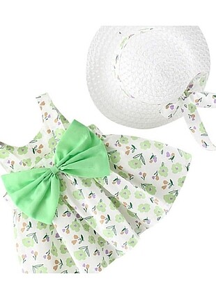 Diğer Yeşil Çiçek Desenli Elbise+Şapka